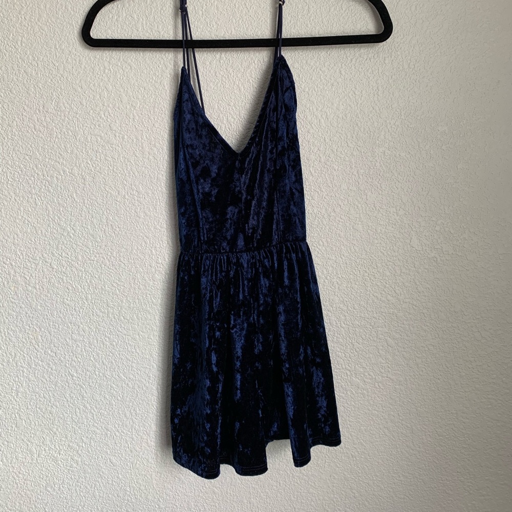 Blue velvet romper from PacSun, brand LA Hearts
